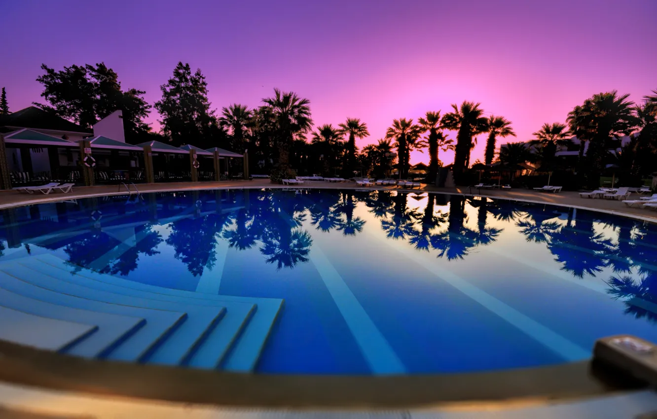 Photo wallpaper palm trees, the evening, pool, resort