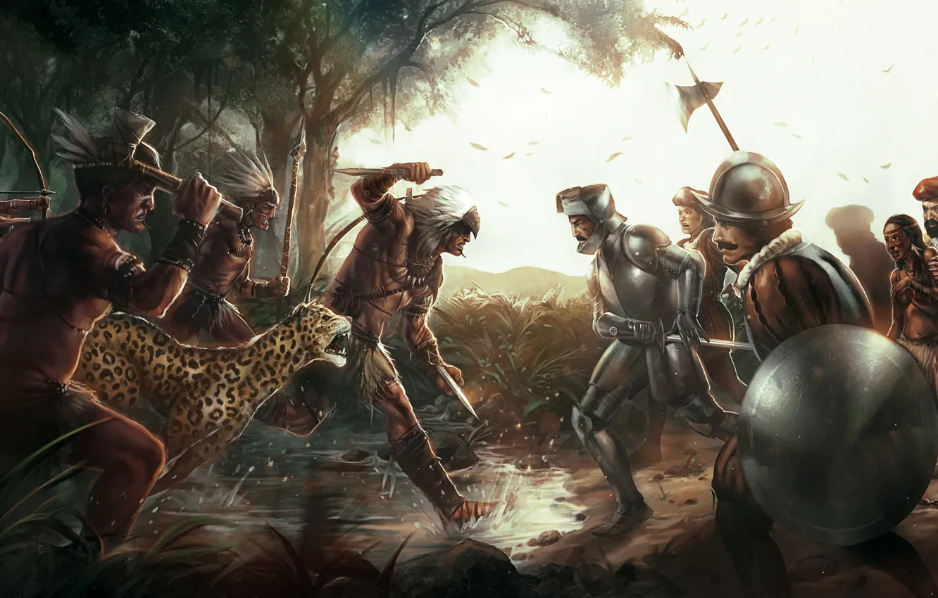 Photo wallpaper forest, weapons, puddle, art, Jaguar, battle, Indian, Assassin's Creed