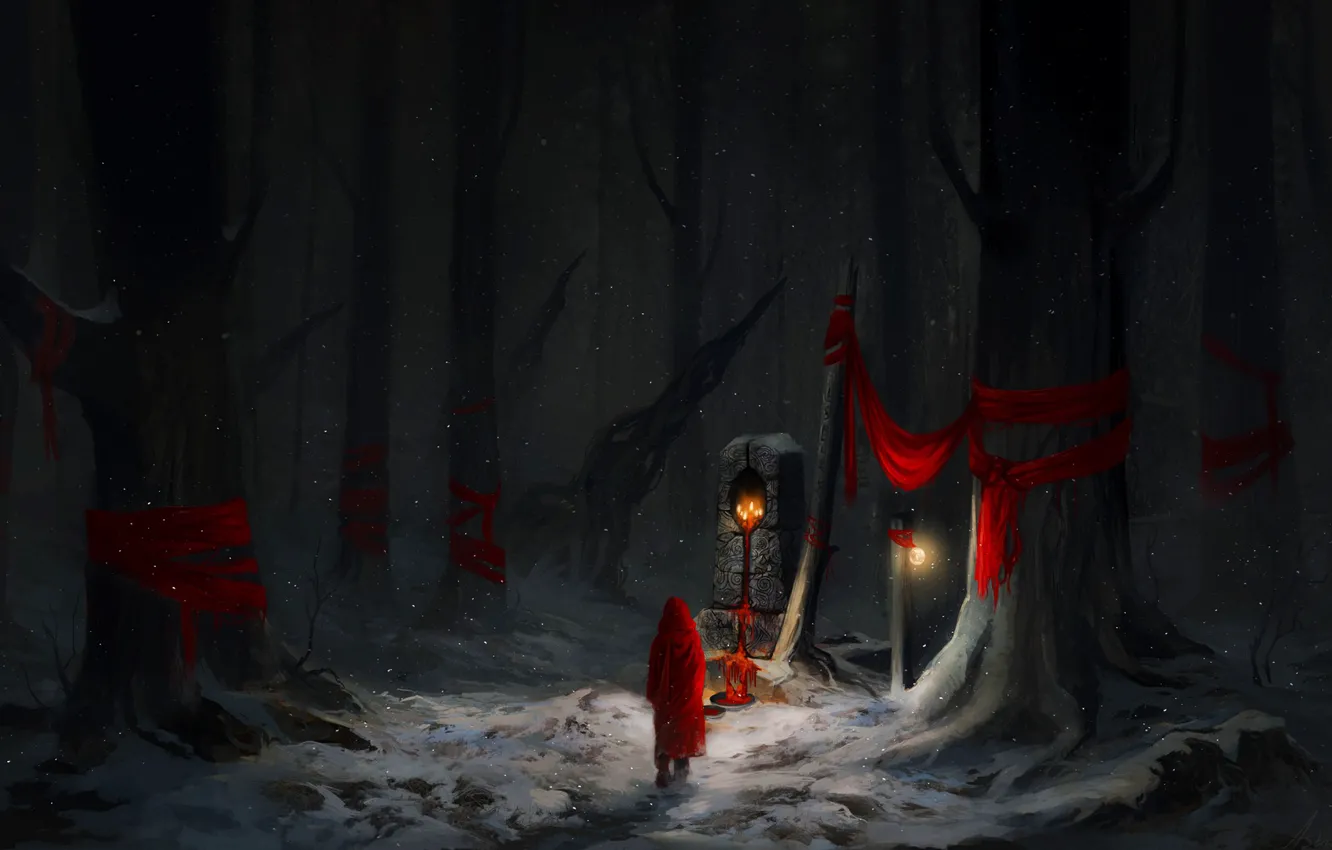Photo wallpaper Red, Winter, Trees, Snow, Forest, Art, Concept Art, Character
