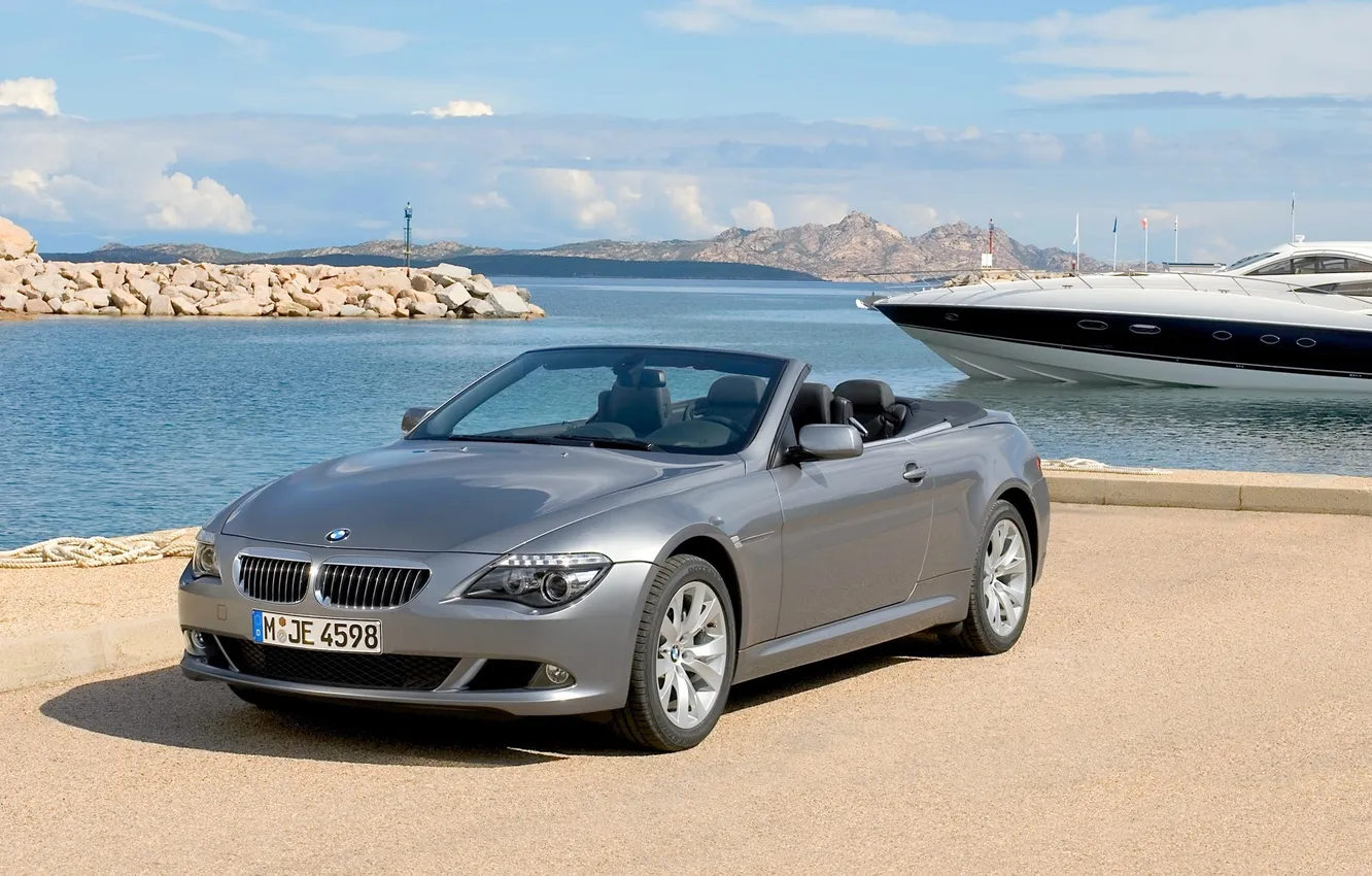 Photo wallpaper sea, auto, grey, yacht, BMW, pier, day, convertible