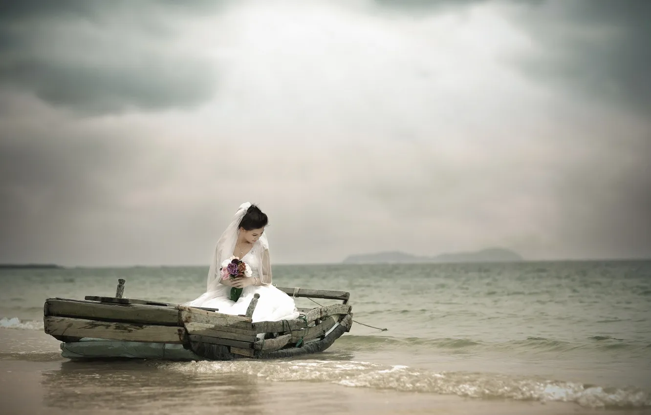 Photo wallpaper sea, girl, boat, Asian