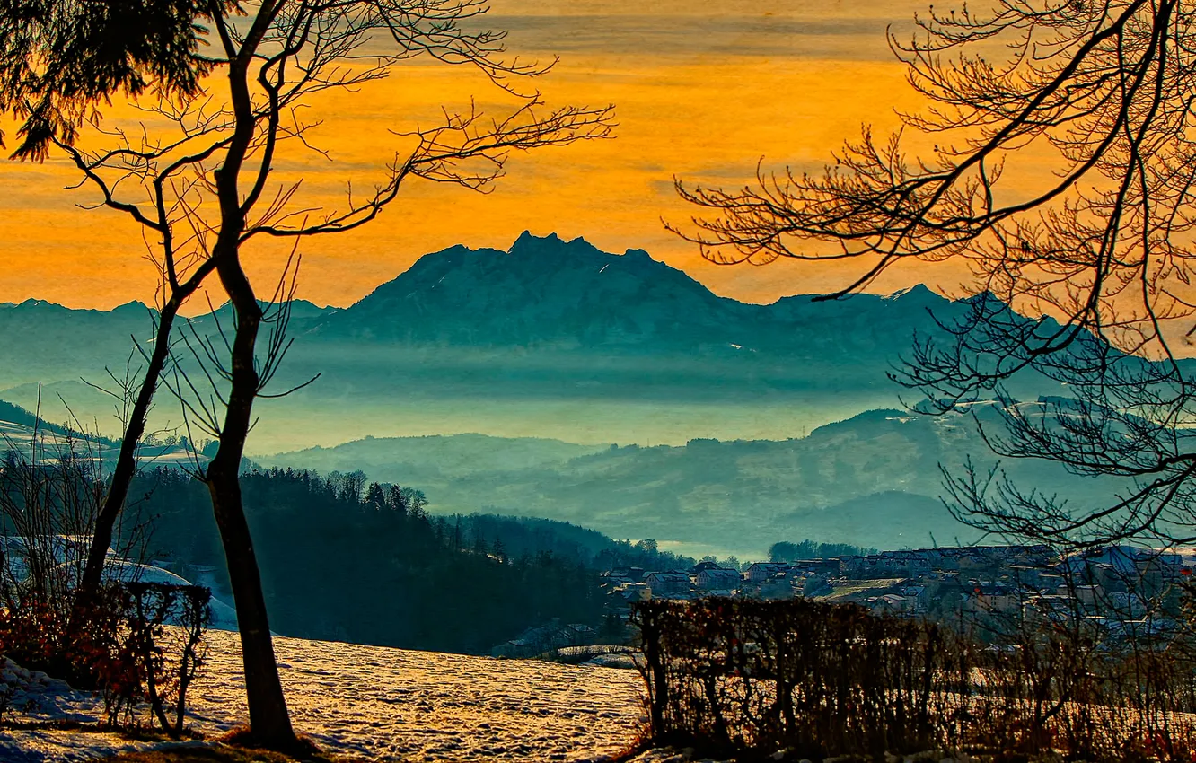 Photo wallpaper winter, the sky, clouds, trees, sunset, mountains
