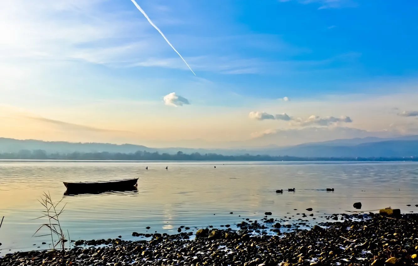 Photo wallpaper landscape, river, boat