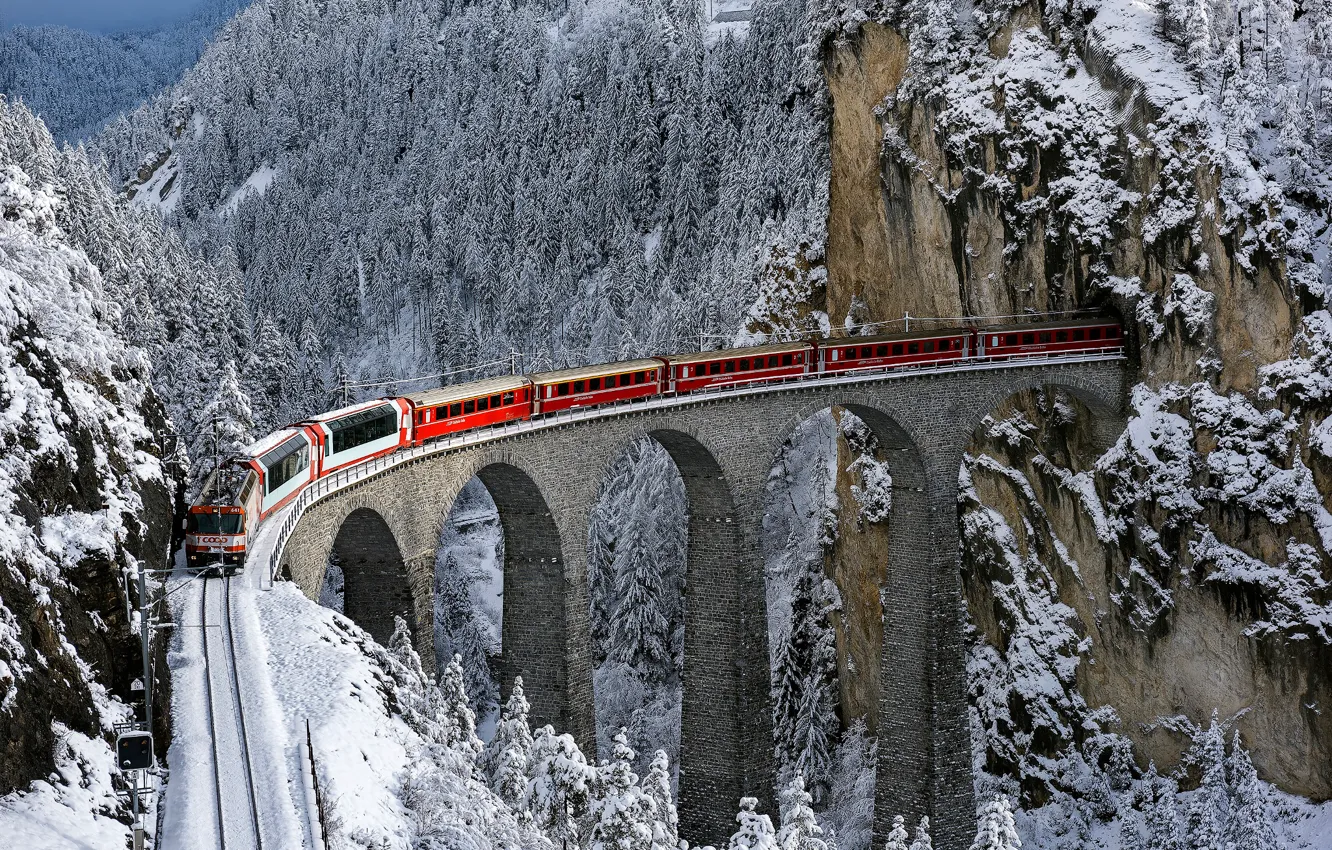 Photo wallpaper winter, bridge, view, train, Bernina express