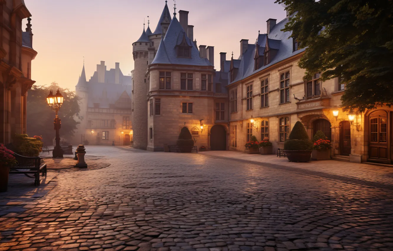Photo wallpaper lights, castle, the evening, pavers, yard, landscape, castle, ancient