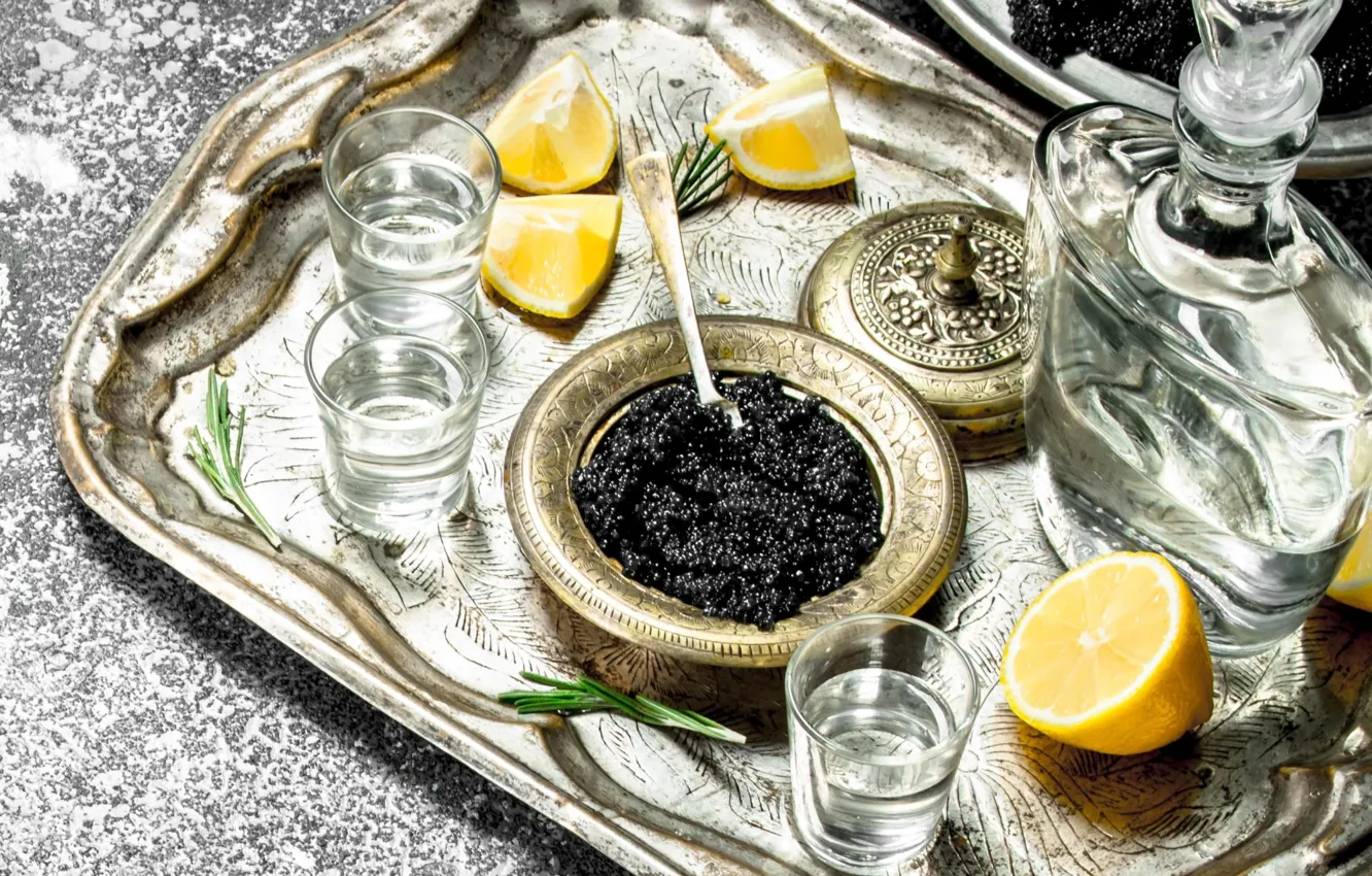 Photo wallpaper lemon, vodka, decanter, black caviar