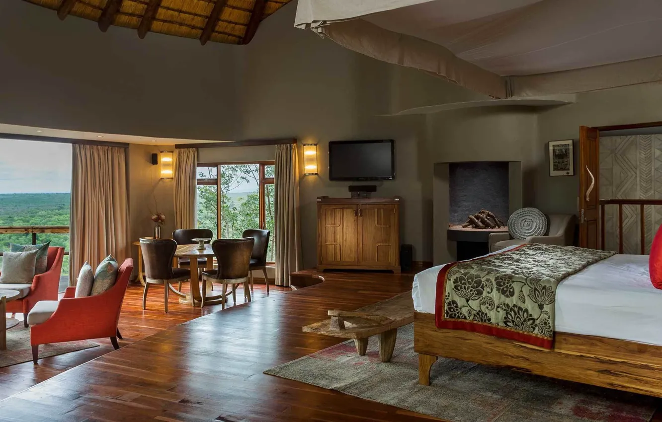 Photo wallpaper space, interior, fireplace, bedroom, living room, dining room, Cliff lodge, Ulusaba