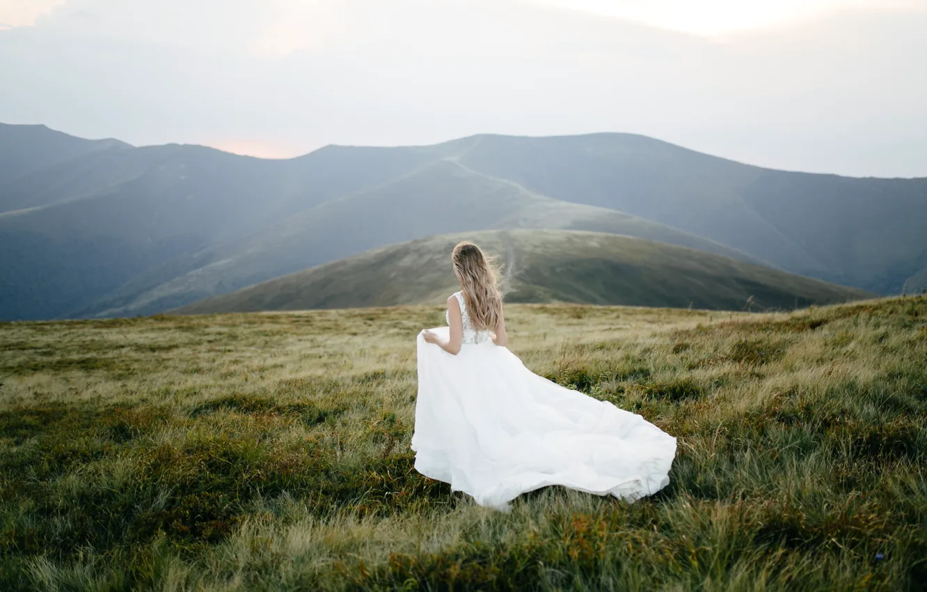 Photo wallpaper girl, mountains, white dress