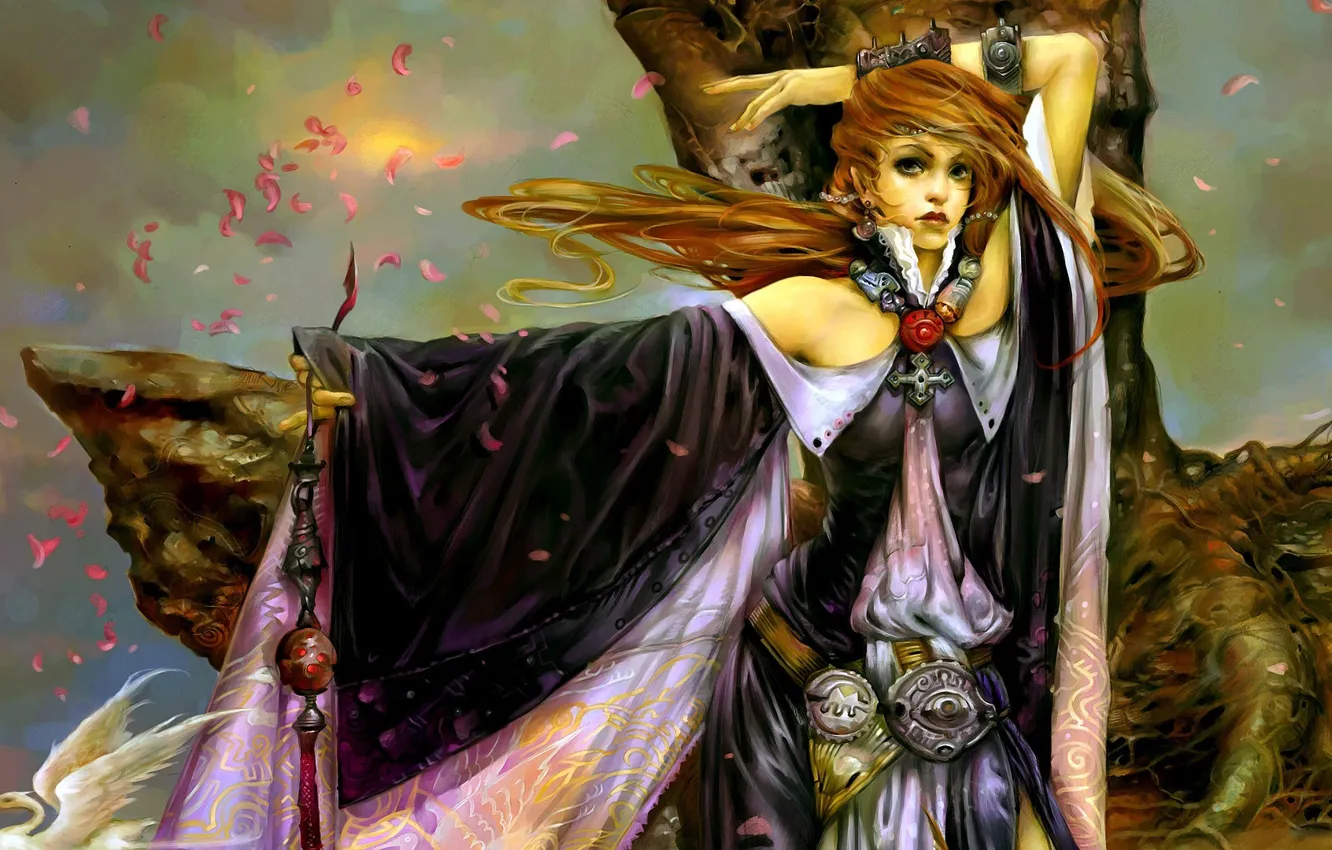 Photo wallpaper girl, decoration, trees, bird, petals, cranes