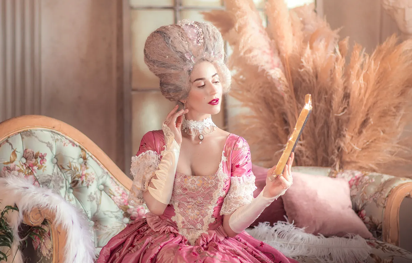 Photo wallpaper look, girl, decoration, pose, style, room, sofa, woman