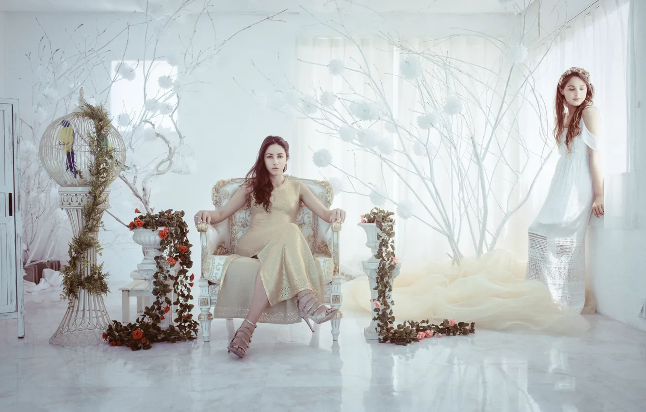 Photo wallpaper flowers, room, interior, chair, cell, two girls