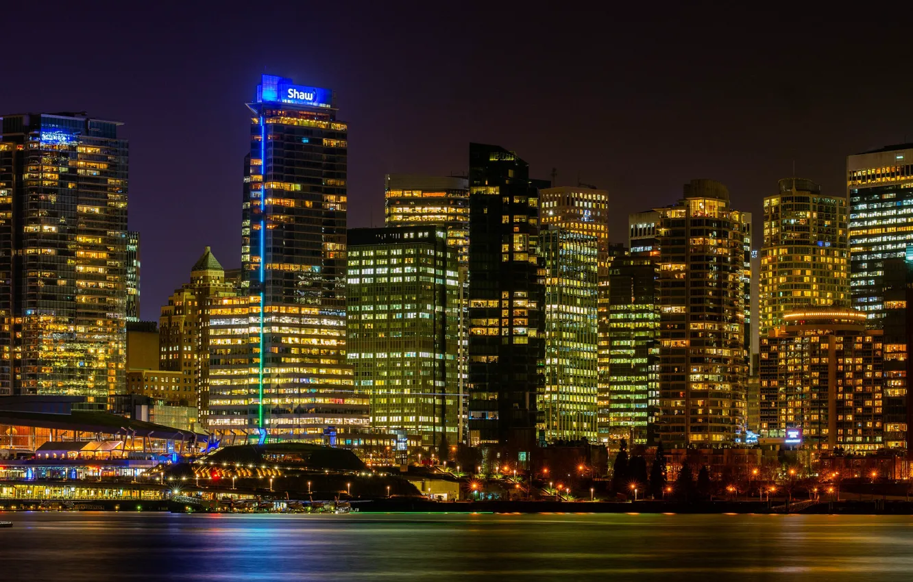Photo wallpaper night, the city, lights, building, skyscrapers, Canada, panorama, Vancouver