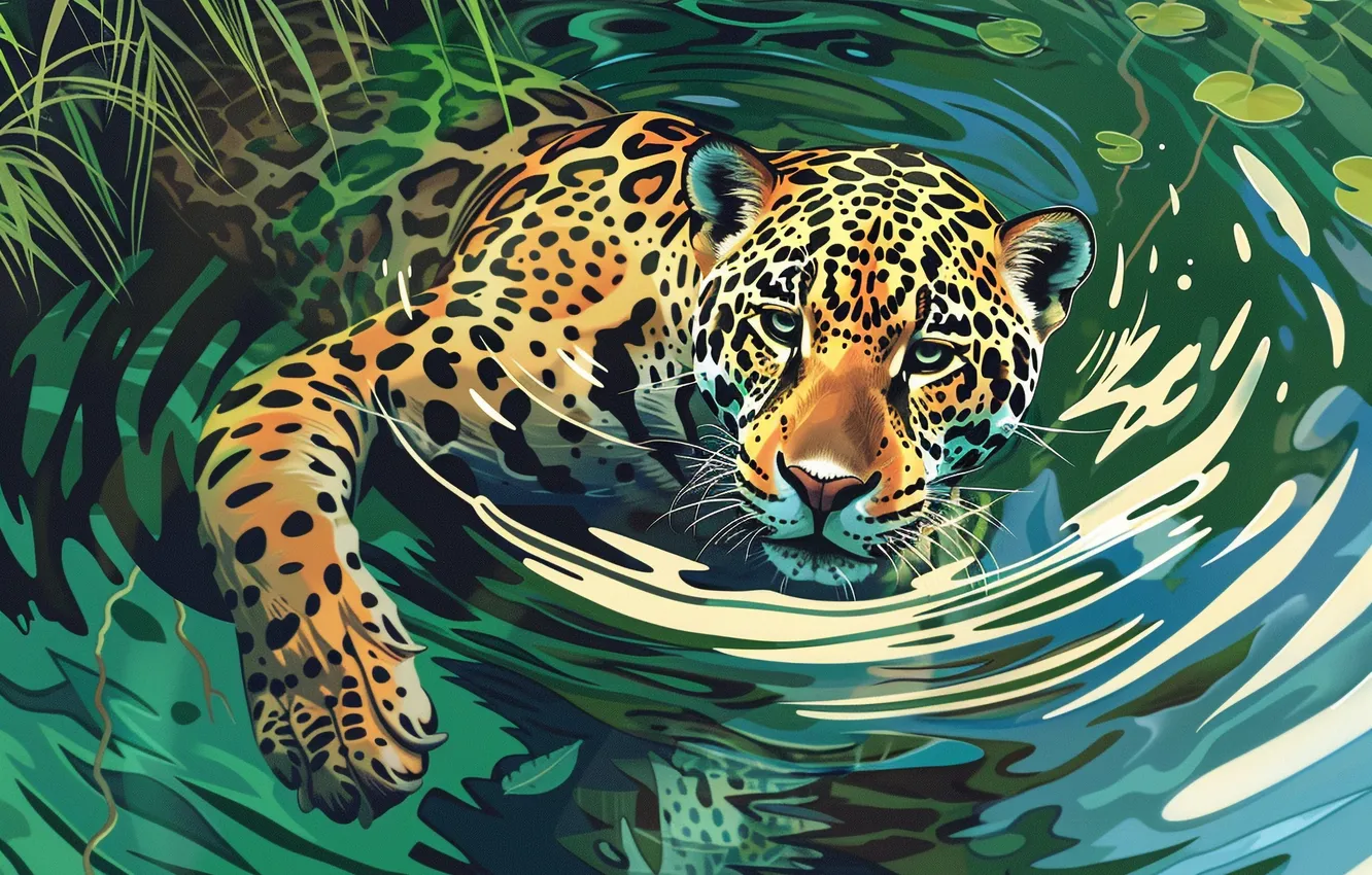 Photo wallpaper Water, Jaguar, Face, Predator, Art, Digital art, Big cat, AI art