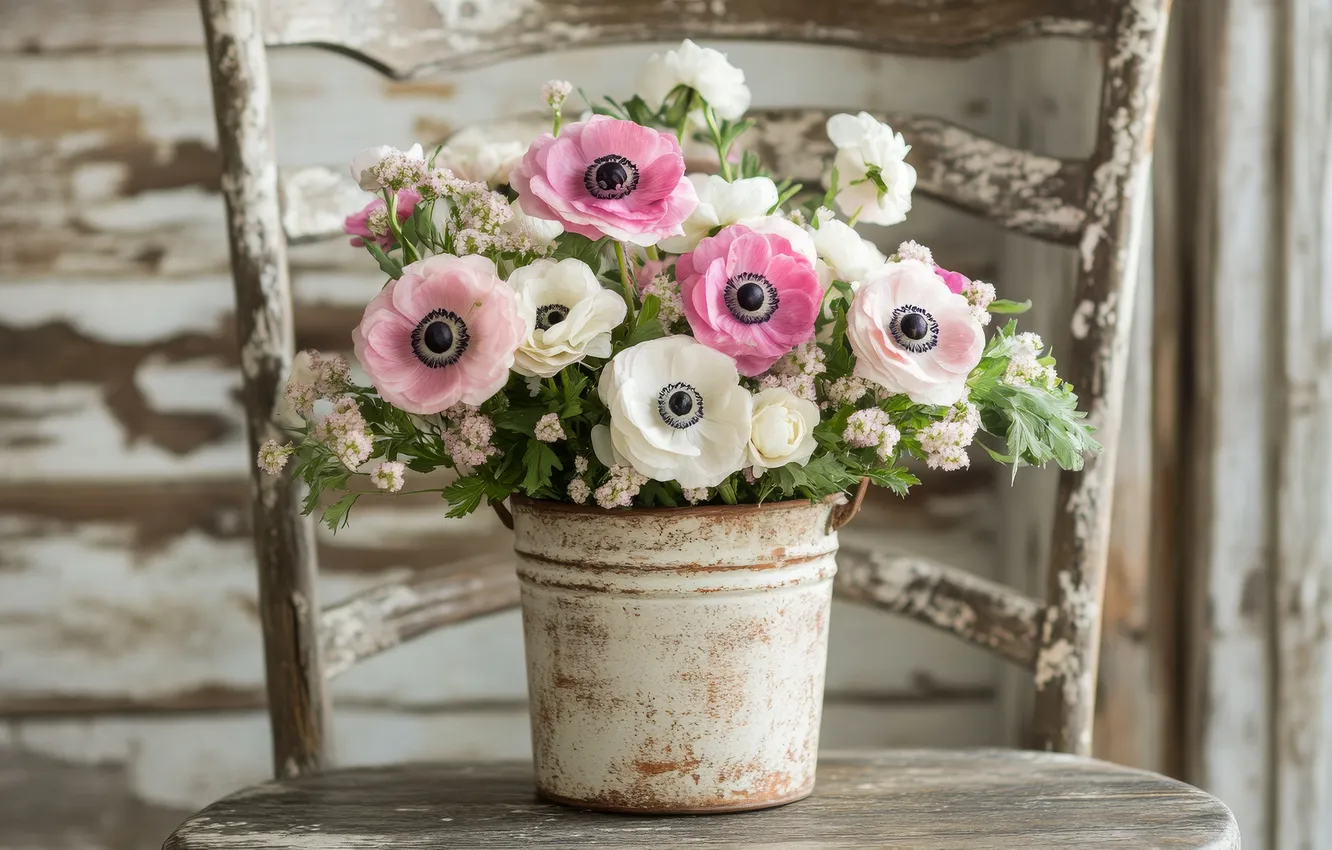 Photo wallpaper flowers, Board, bouquet, chair, bucket, anemones, AI art, neural network