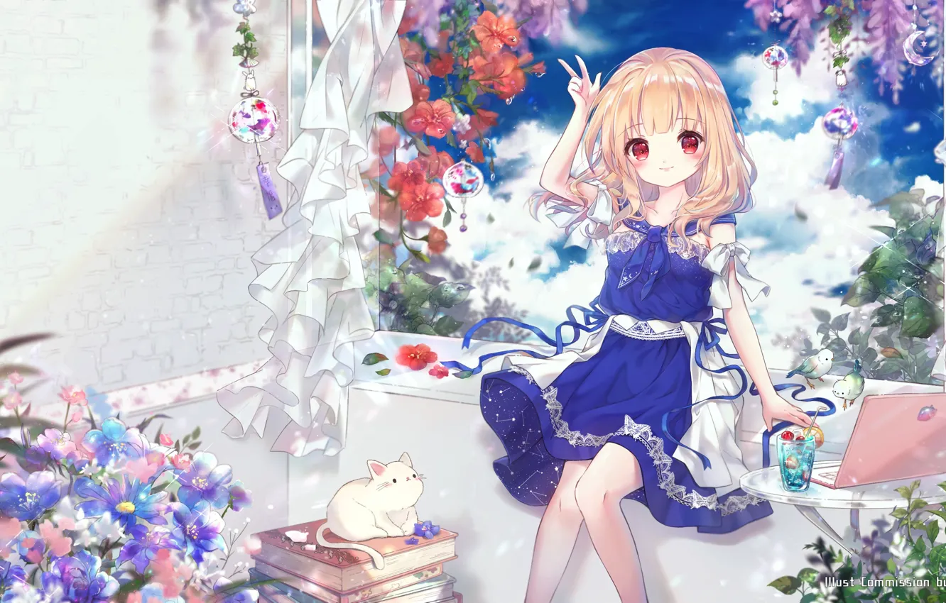 Photo wallpaper cat, flowers, room, window, girl, curtains, kitty