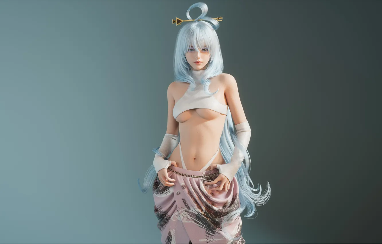 Photo wallpaper women, CGI, glitter, simple background, Underboob, silver hair, Kunyue Luo