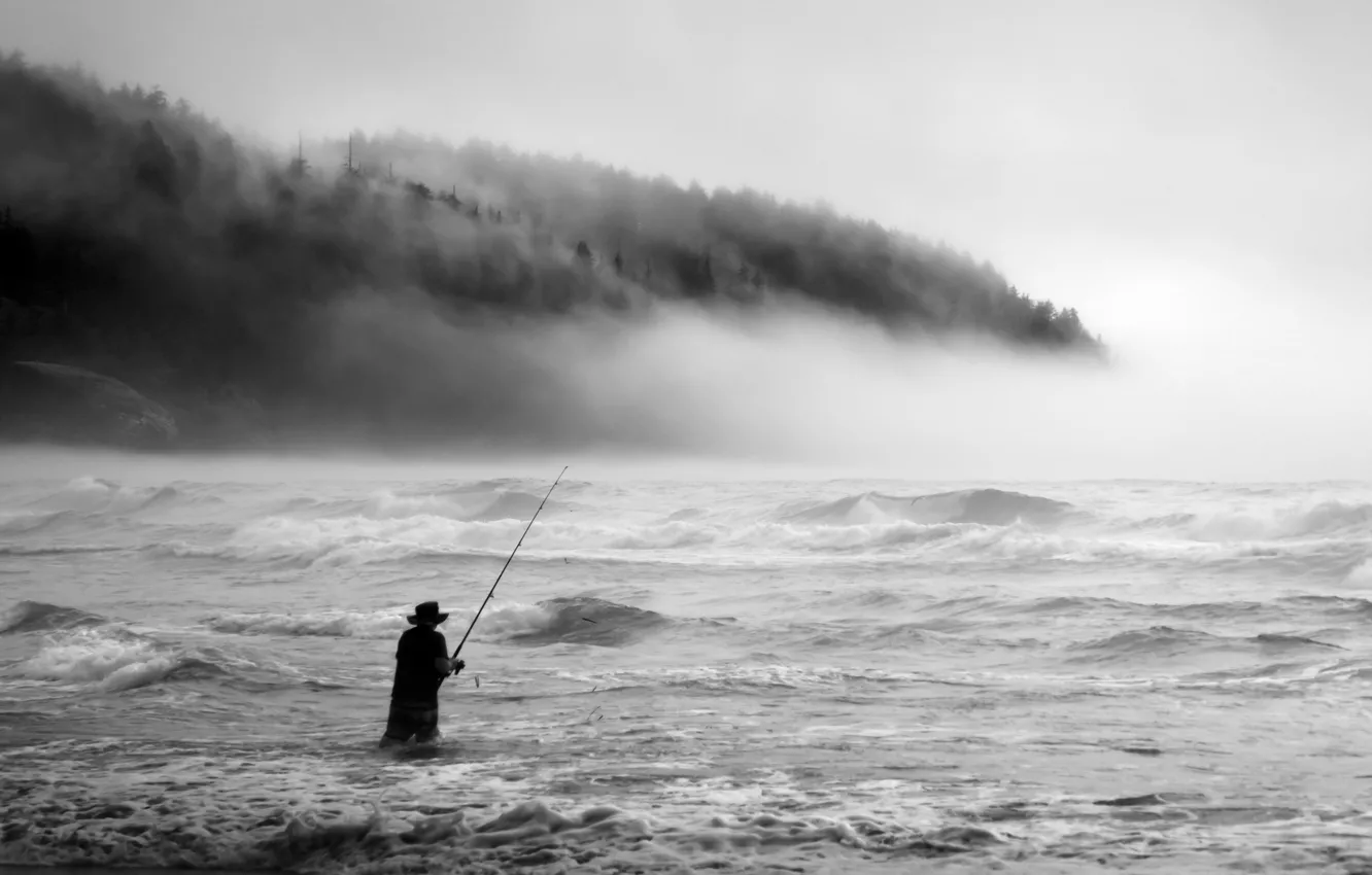 Photo wallpaper wave, beach, trees, fog, hills, fisherman, male, the troubled sea