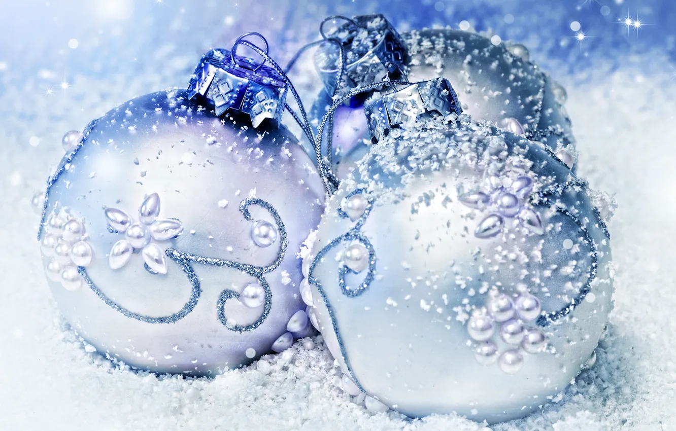 Photo wallpaper winter, balls, snow, toys, New Year, Christmas, white, Christmas