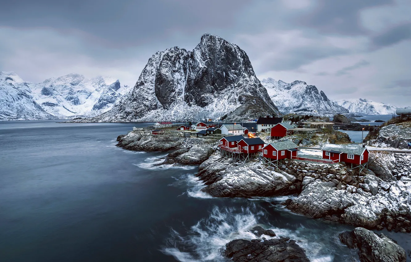 Photo wallpaper winter, snow, mountains, Norway, town, settlement, February, archipelago