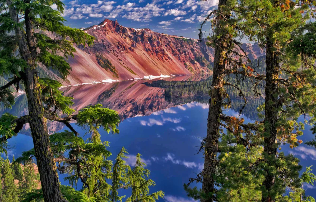 Photo wallpaper trees, mountains, nature, lake, Oregon, USA, Crater Lake National Park, The Watchman Peak