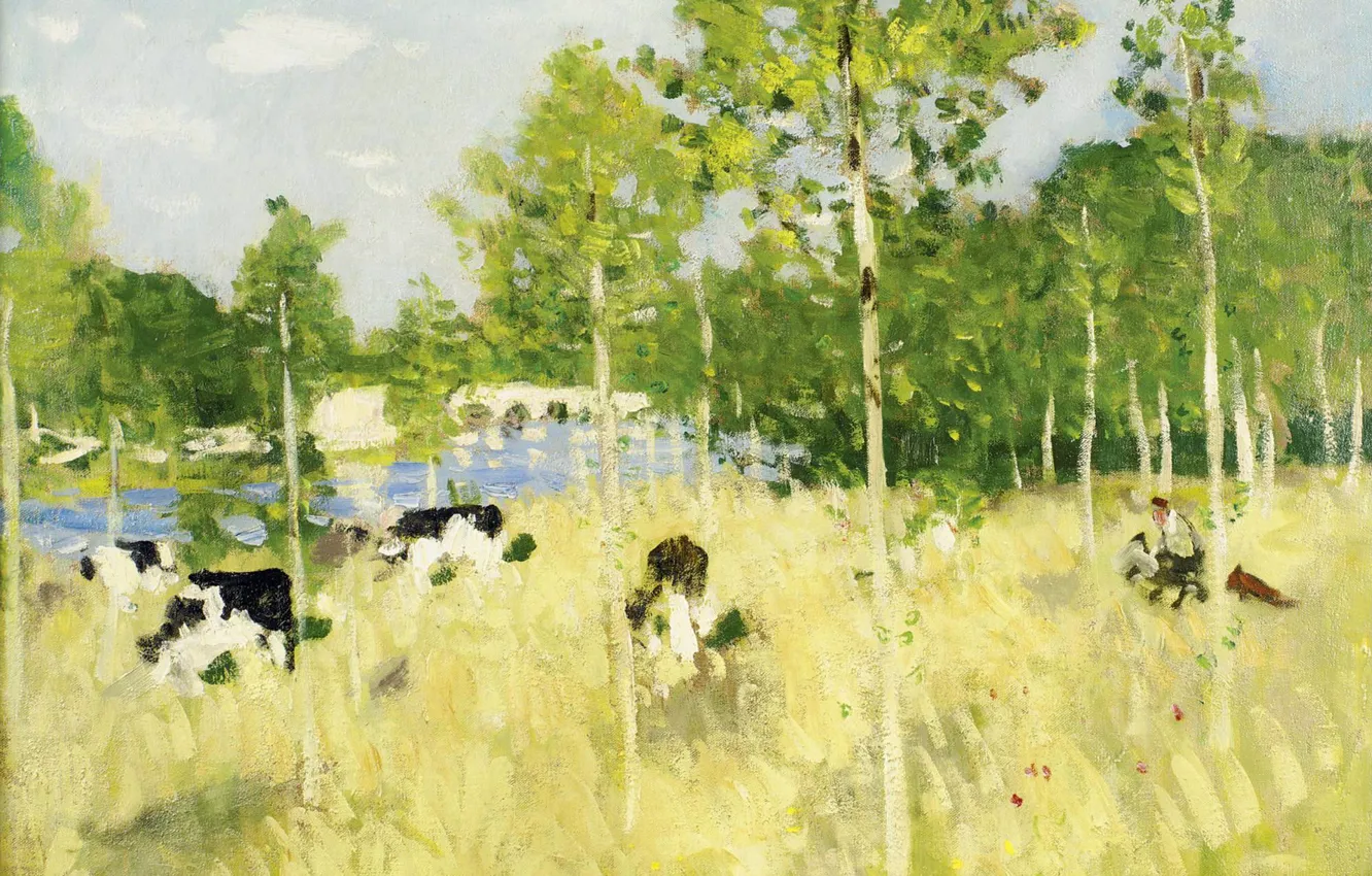 Photo wallpaper landscape, picture, Cows on the Meadow, Pierre Eugène Montesin, Pierre-Eugene Montezin