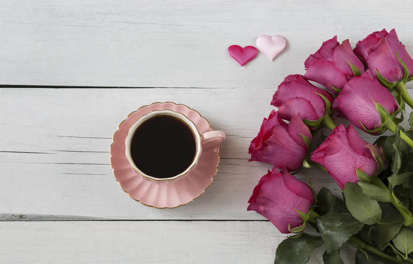 Photo wallpaper roses, bouquet, hearts, wood, pink, romantic, hearts, coffee cup