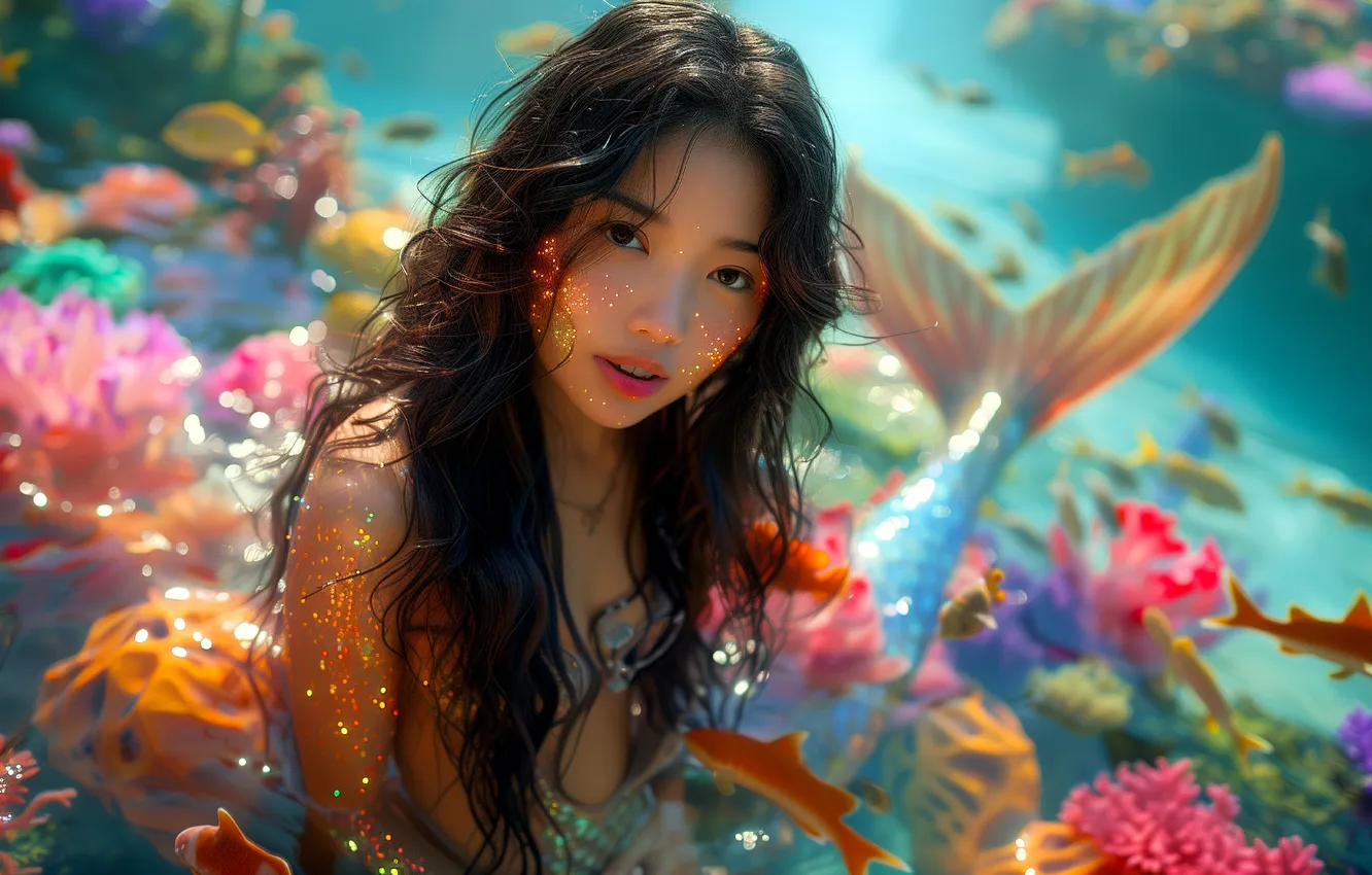 Photo wallpaper look, girl, hair, mermaid, fish, tail, underwater world, digital art