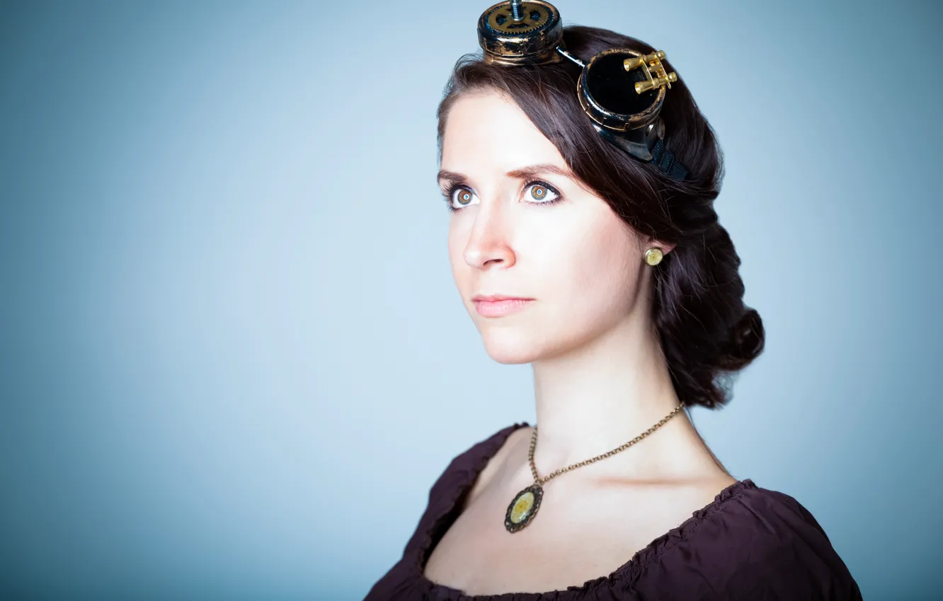 Photo wallpaper eyes, look, face, background, glasses, lips, steampunk, neck