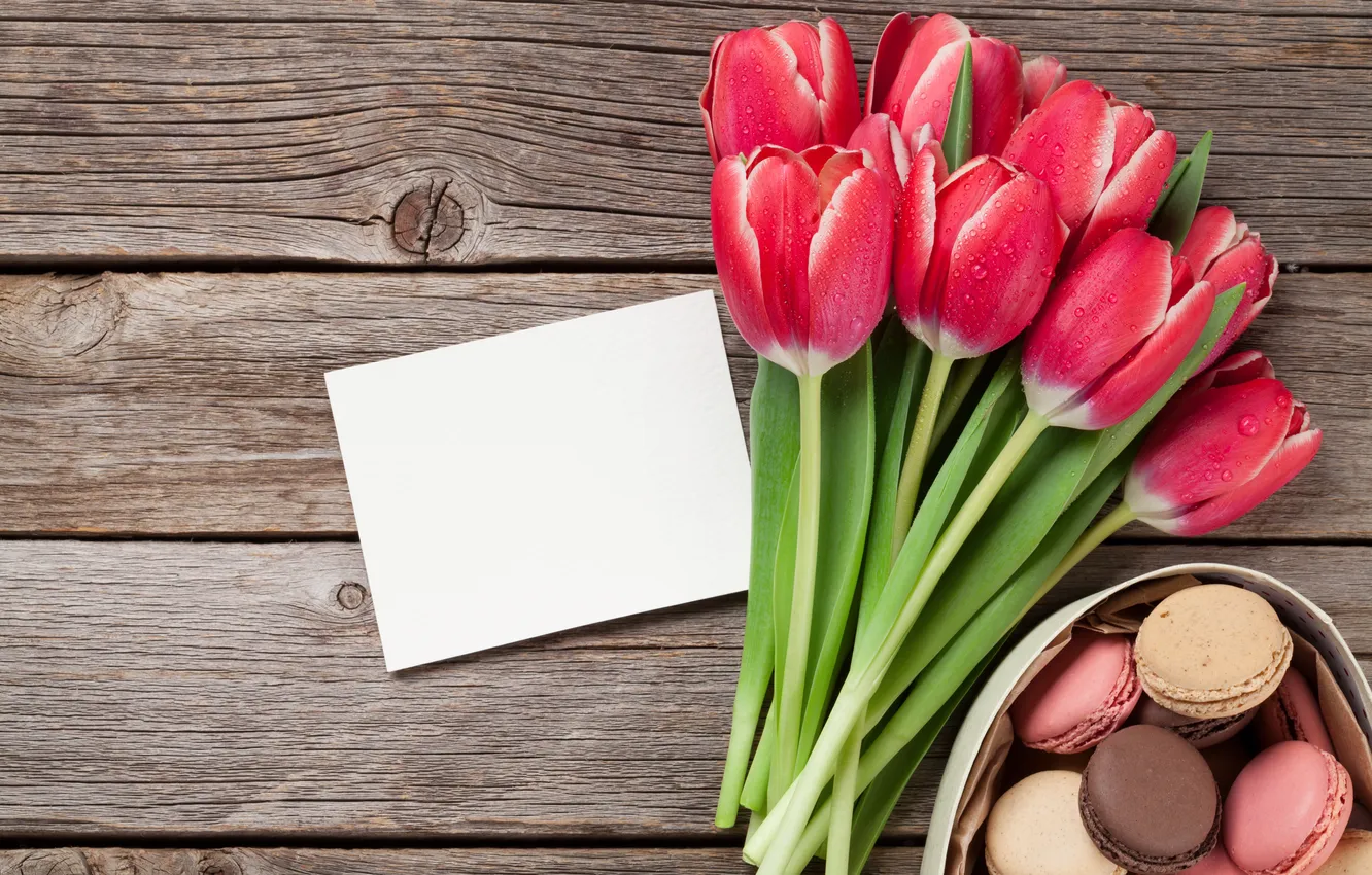 Photo wallpaper flowers, red, bouquet, tulips, red, wood, flowers, romantic