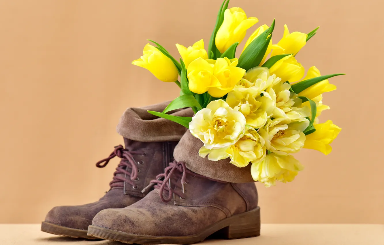 Photo wallpaper shoes, tulips, flowers, tulips, bouquet, boots