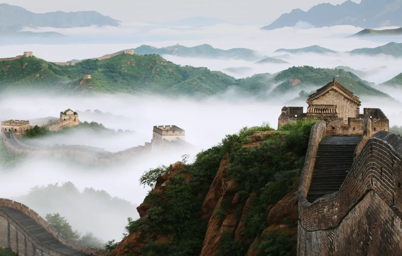 Photo wallpaper mountains, fog, China, The great wall of China