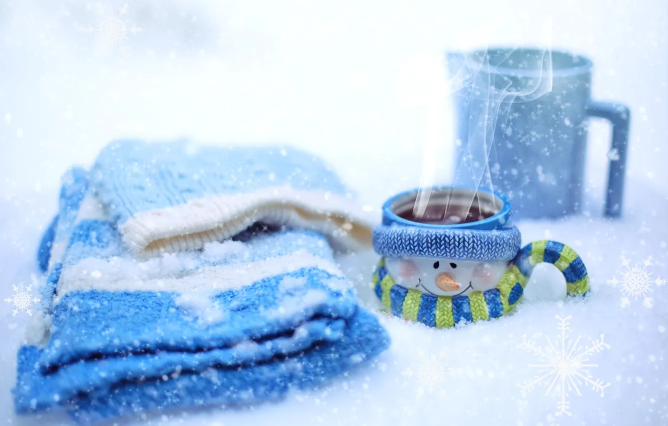Photo wallpaper winter, snow, hat, hot, chocolate, scarf, Cup