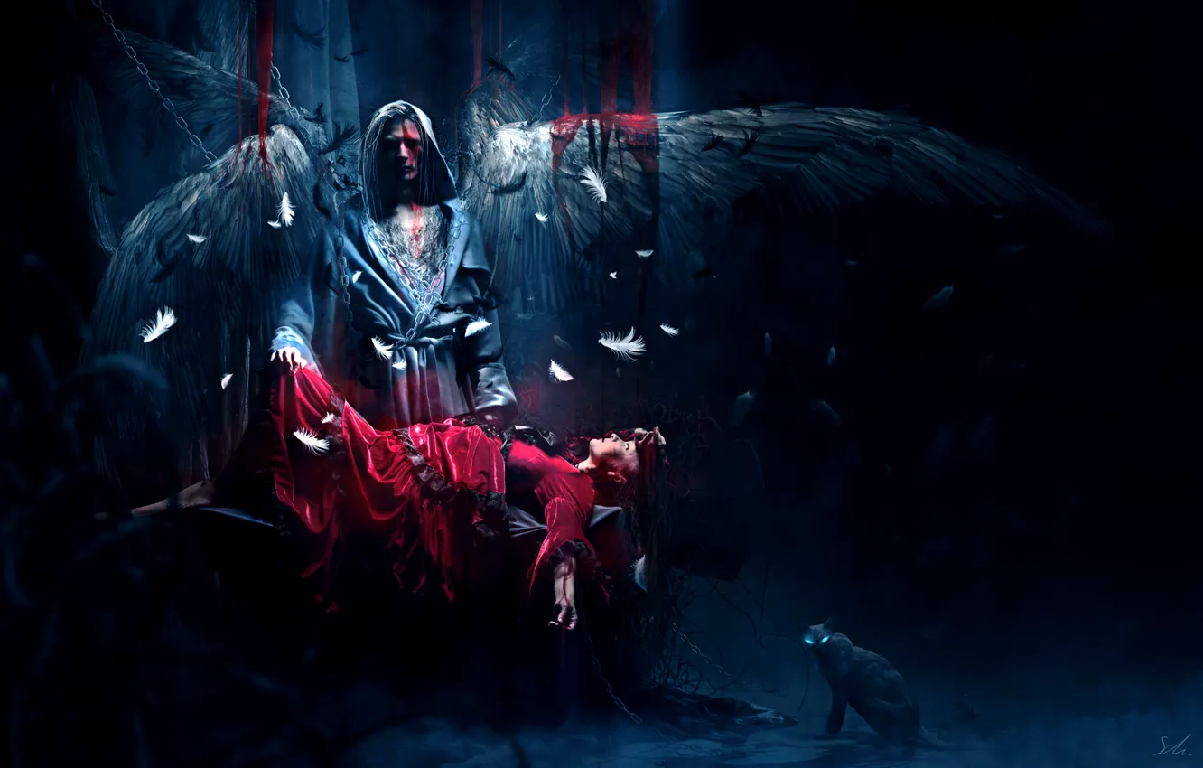Photo wallpaper GIRL, WINGS, BLOOD, DRESS, CAT, FEATHERS, ANGEL, The VICTIM