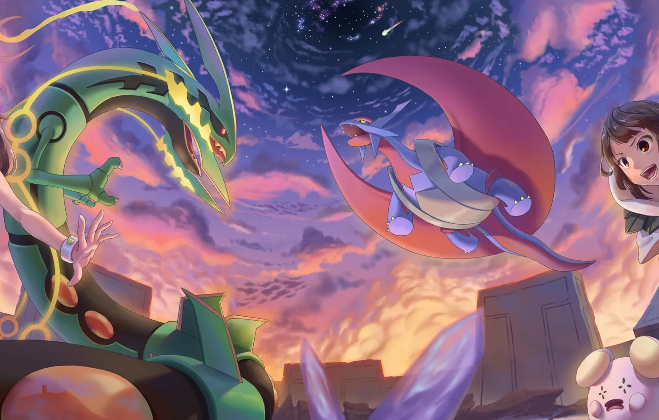 Photo wallpaper the sky, girl, clouds, sunset, dragon, anime, art, pokemon