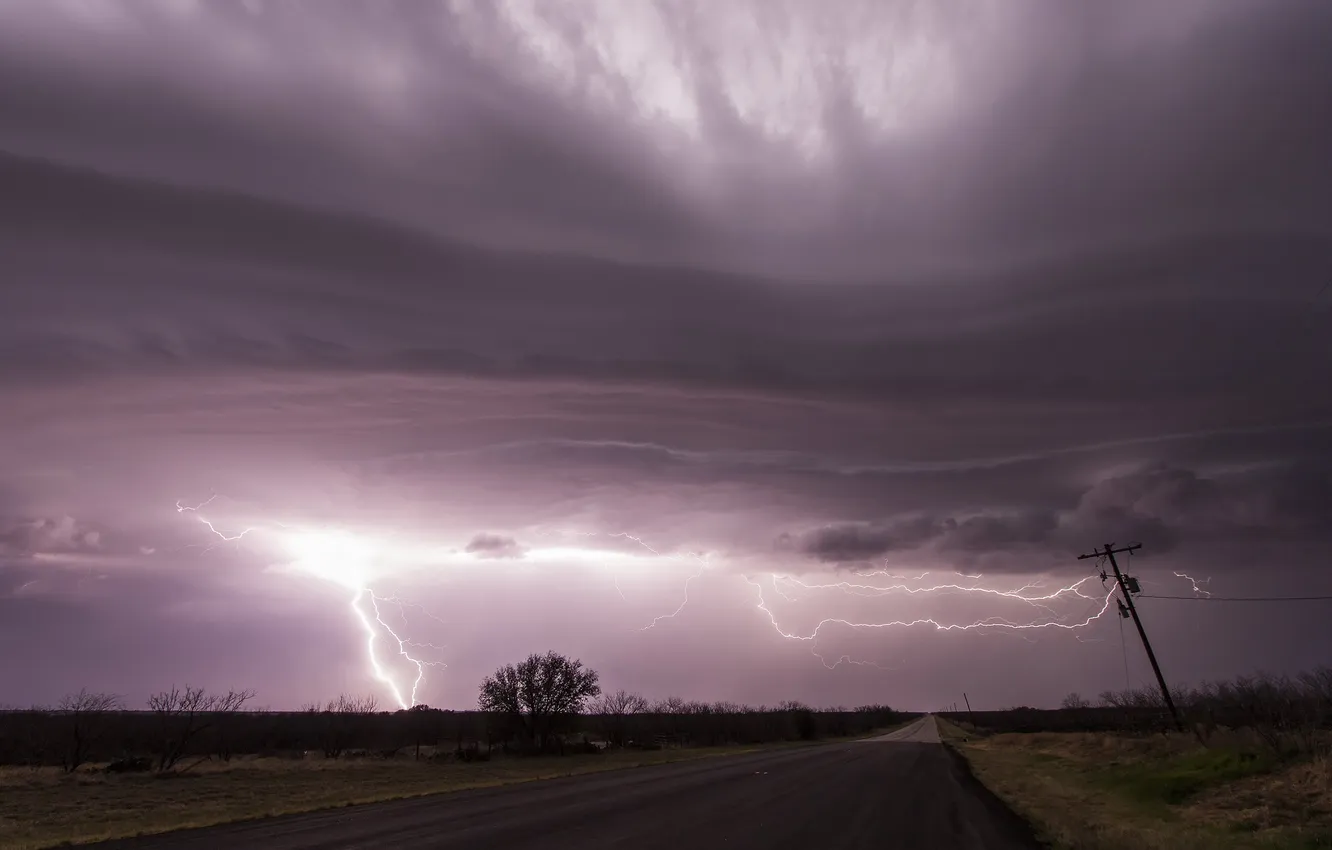 Photo wallpaper road, landscape, clouds, lightning