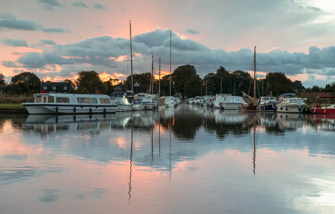 Photo wallpaper dawn, Marina, boats, morning