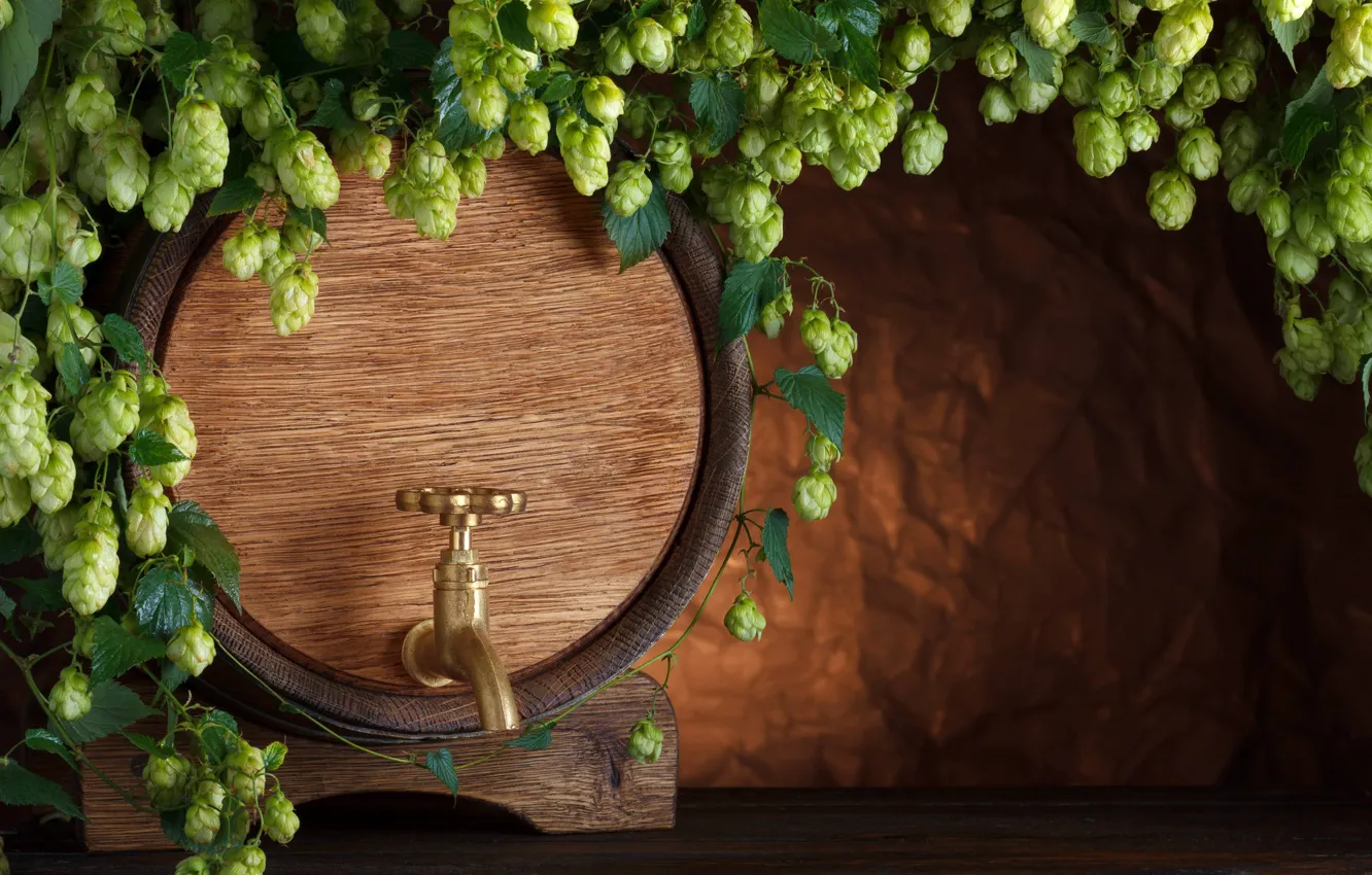 Photo wallpaper beer, barrel, tap, hops