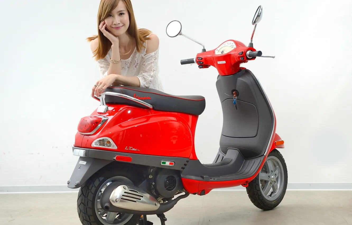 Photo wallpaper look, Girls, Asian, beautiful girl, scooter, posing on scooter, Vespa LT125ie