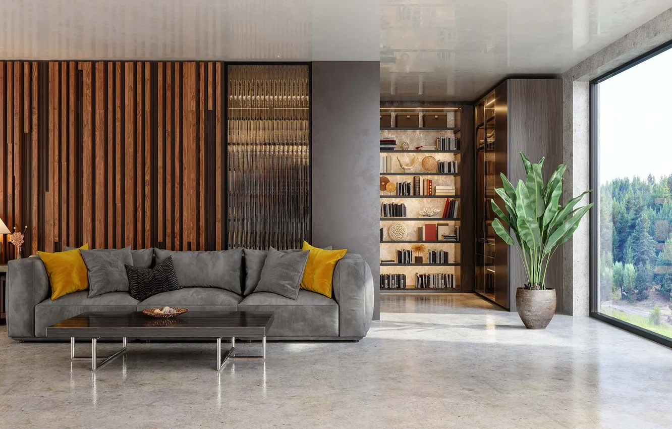 Photo wallpaper design, style, room, plant, interior, library, sofa, living room