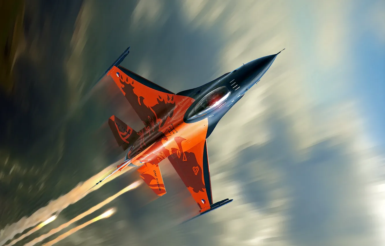 Photo wallpaper clouds, the plane, speed, fighter, flight, F-16