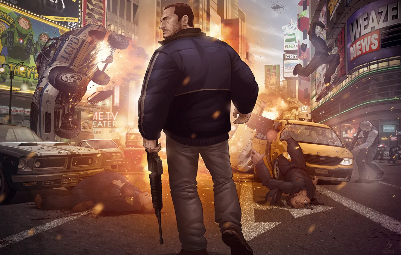 Photo wallpaper the explosion, police, taxi, center, patrick brown, new York, Niko Bellic, Grand Theft Auto IV …