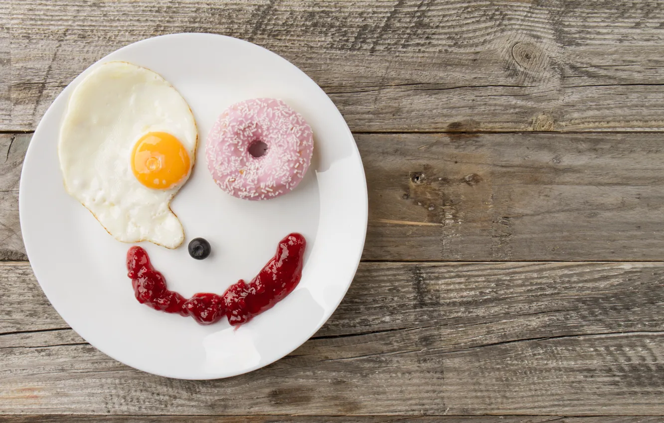 Photo wallpaper Breakfast, plate, donuts, scrambled eggs, smiley, sauce, smile, eggs