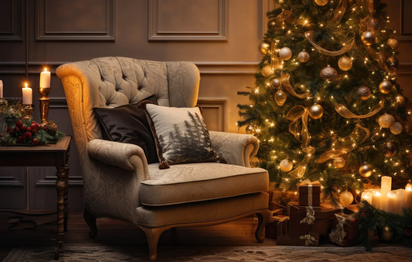 Photo wallpaper room, tree, new year, interior, chair, Christmas, Christmas, view