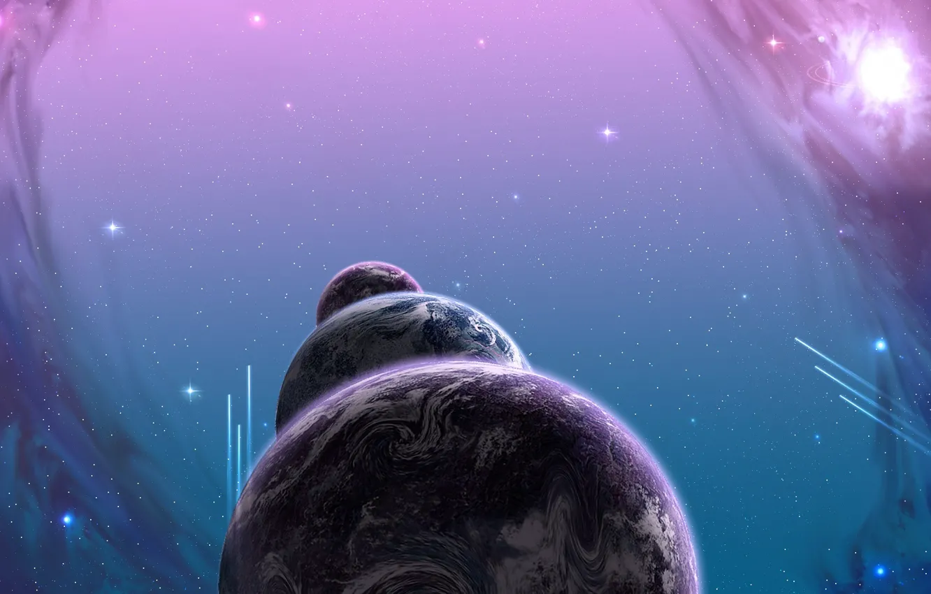 Photo wallpaper purple, space, planet, stars, comet