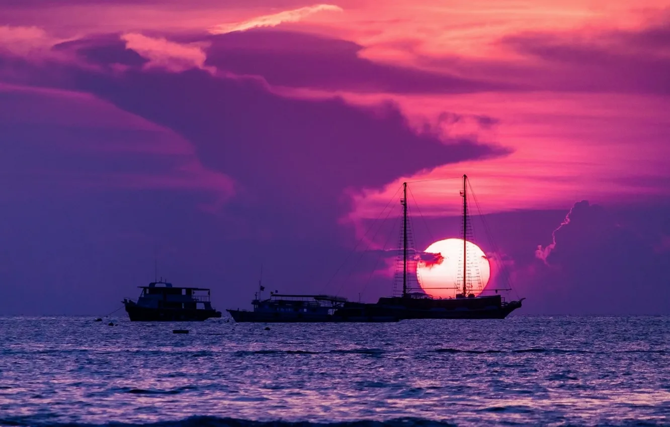 Photo wallpaper sea, the sun, sunset, ships