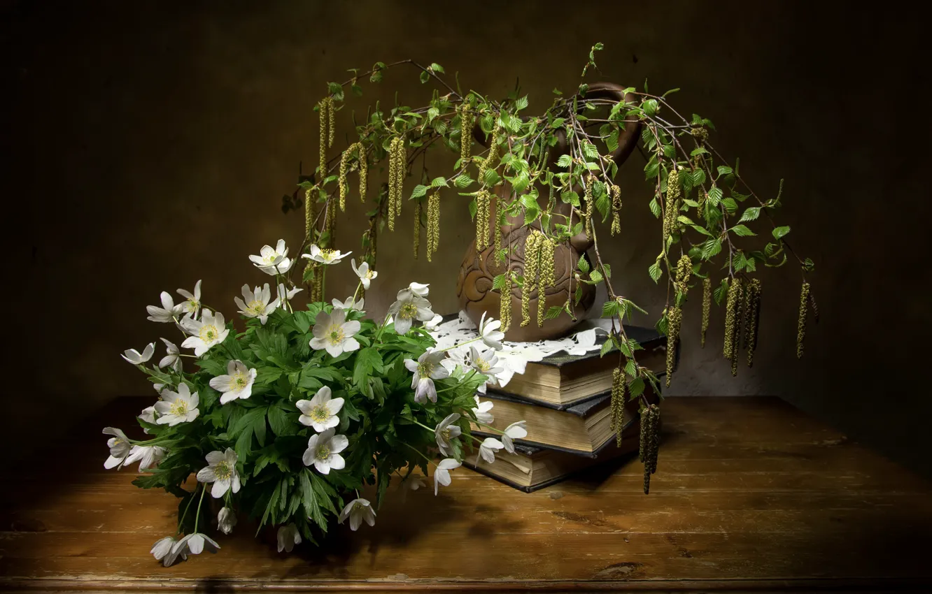 Photo wallpaper flowers, branches, table, bouquet, book, pitcher, white, still life