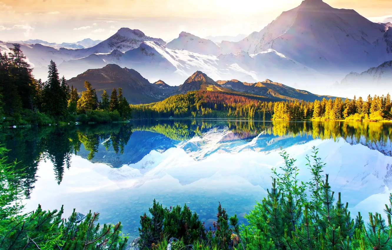 Photo wallpaper the sky, clouds, trees, mountains, lake