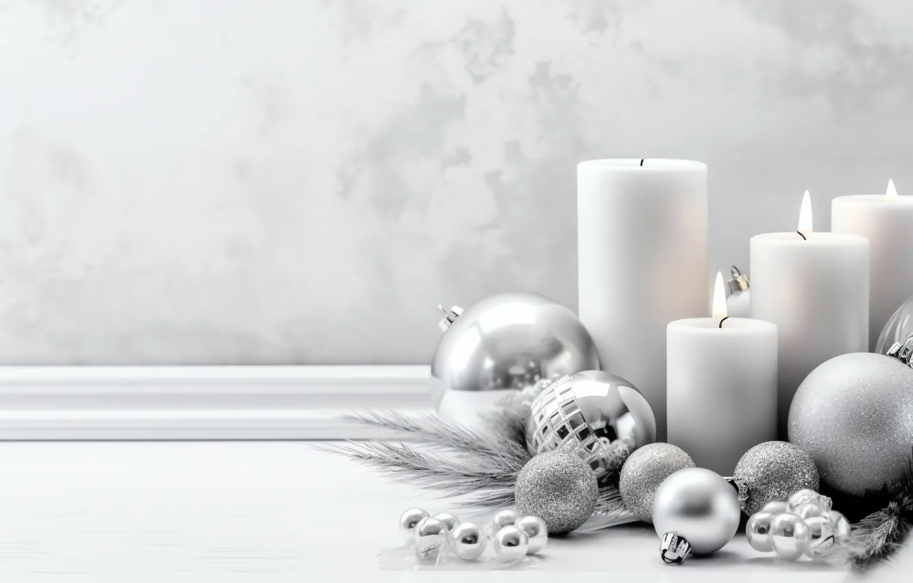 Photo wallpaper balls, sprig, wall, silver, Shine, new year, candles, silver