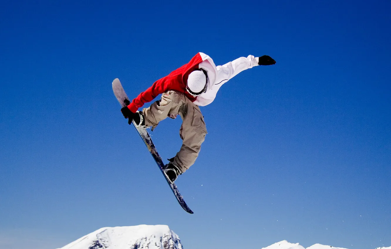 Photo wallpaper winter, flight, jump, the trick, Snowboarder
