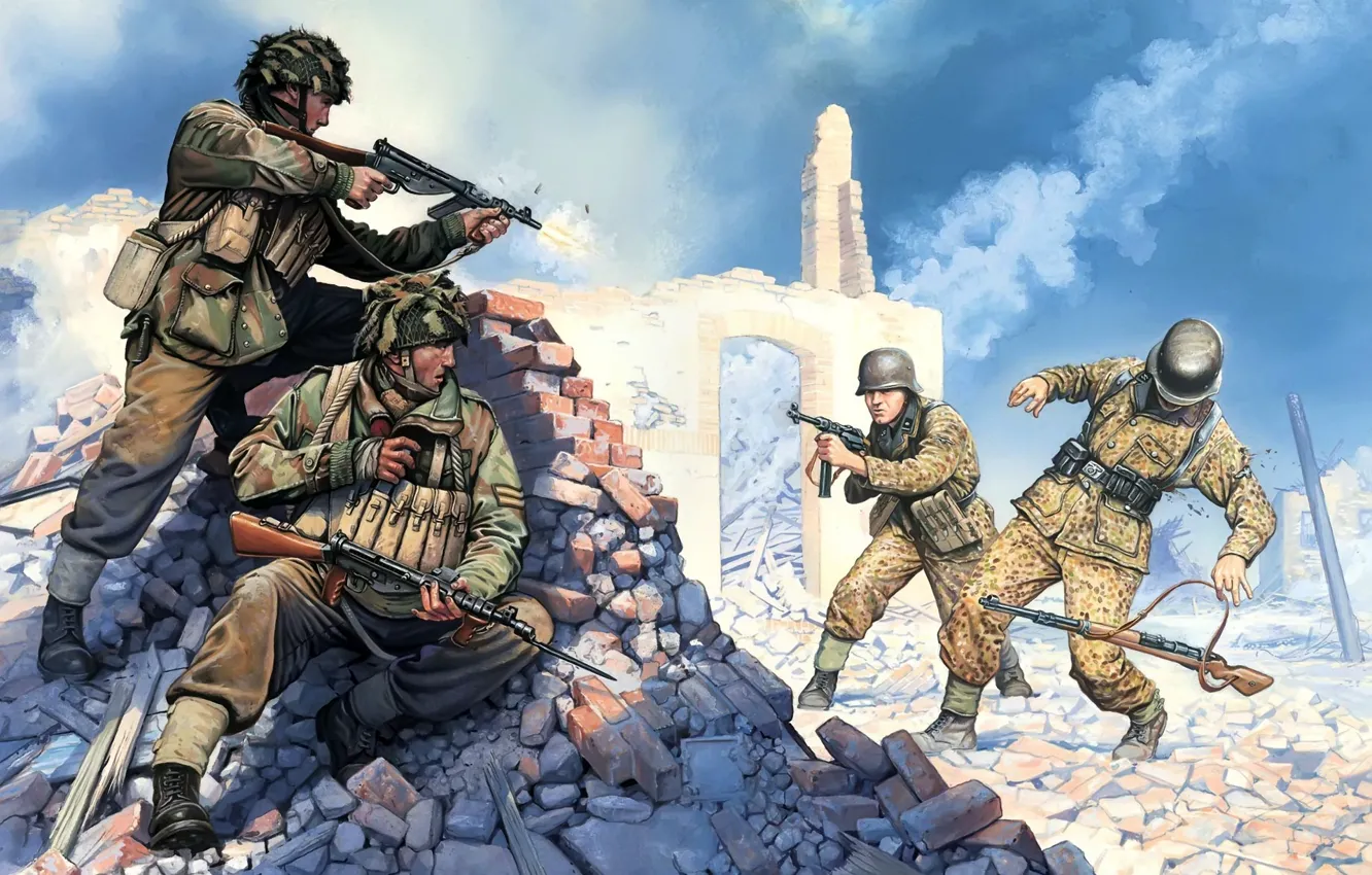 Photo wallpaper weapons, war, figure, soldiers, machine, shooting, the second world, shootout